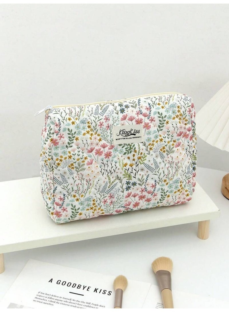 Floral Quilted Makeup Medium Bag – Elegant Botanical Cosmetic Pouch for Daily Use & Travel
